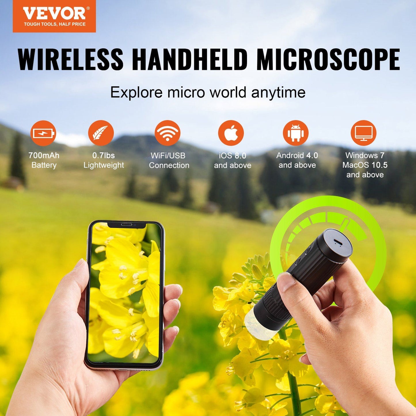 Wireless Digital Microscope 50X-1000X 1080P HD WiFi Portable Handheld Mini Coin Microscope with Adjustable Stand USB Microscope Camera Magnifier Compatible with iPhone iPad Android Phone & PC