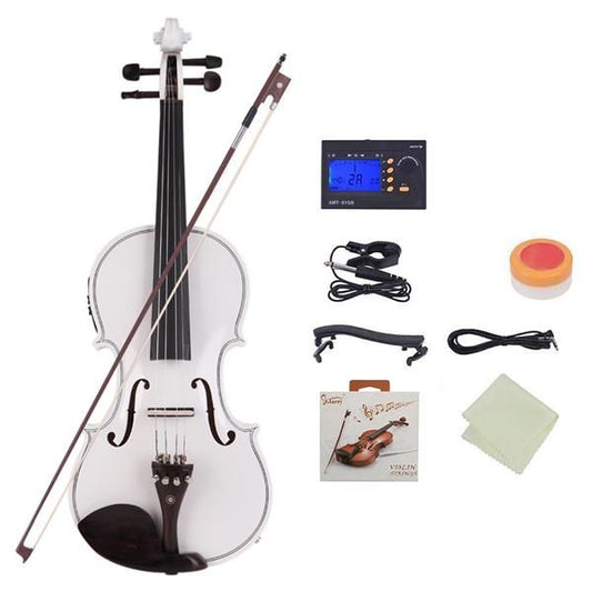 [Do Not Sell on Amazon]Glarry GV102 4/4 Solid Wood EQ Violin Case Bow Violin Strings Shoulder Rest Electronic Tuner Connecting Wire Cloth White